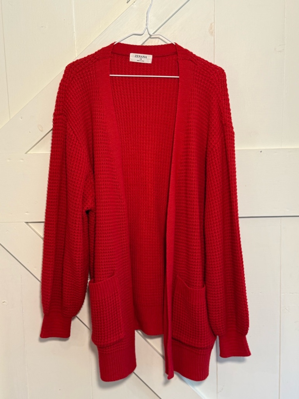 Zenana 1X Red Waffle Knit Cardigan Longline Open Front Pockets Cozy Sweater - Picture 2 of 10